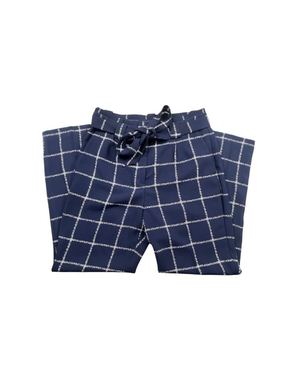 Express Grid Plaid Windowpane High Rise Ankle Pants Size 10R Navy Blue Tie Waist